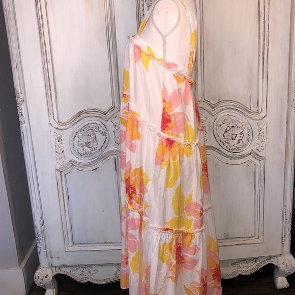 Free People Linen Blend Sherbet Color Florals on White Multi Tiered Dress S/XS - Picture 6 of 11